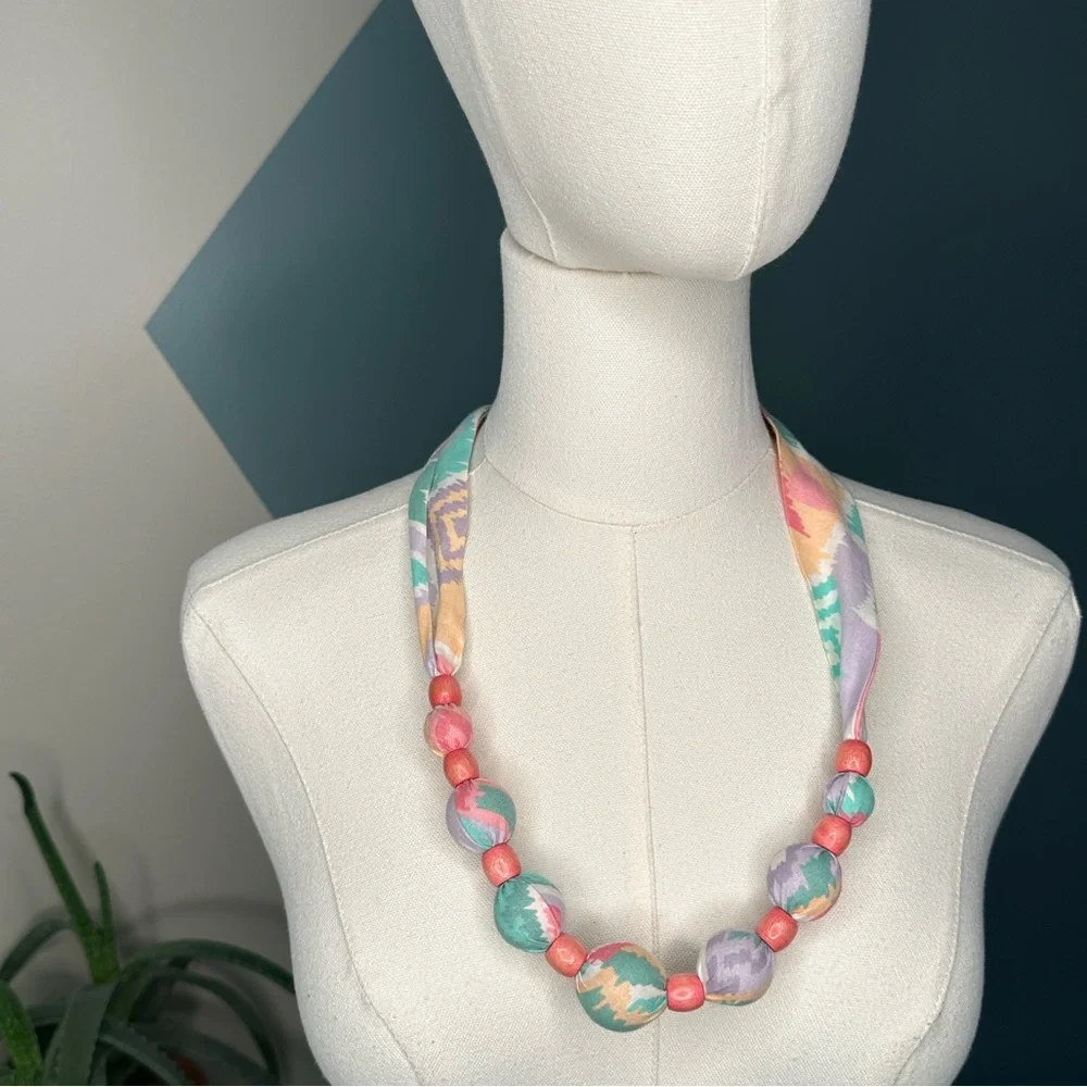 VTG 80s Fabric Wrapped Bead Necklace Multicolor Statement Adjustable Tie Jewelry - Picture 2 of 6